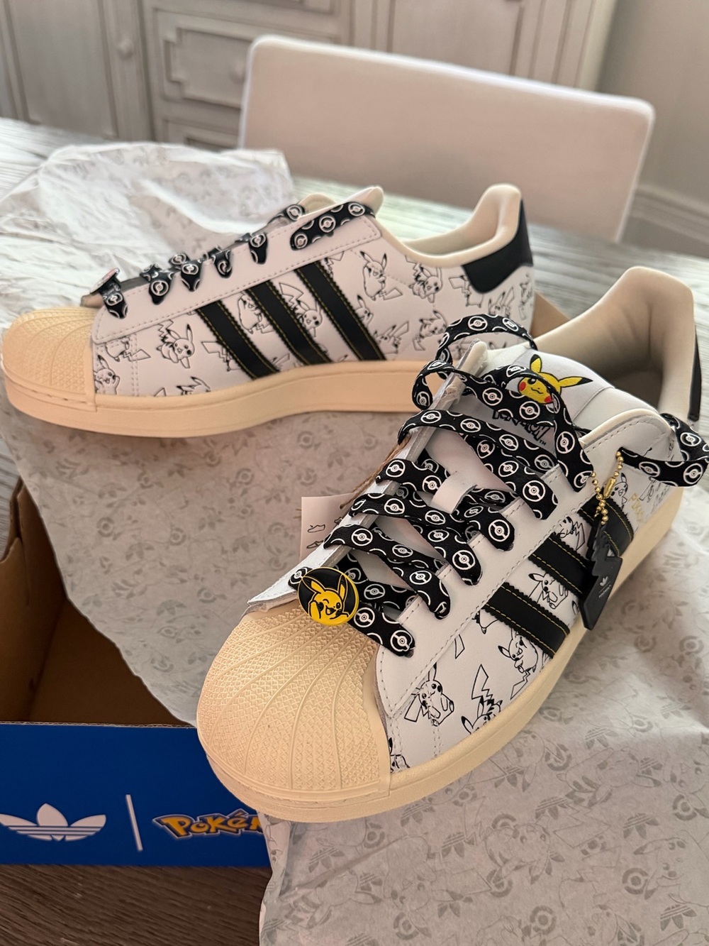 Limited Edition Adidas Pokémon Collaboration Sneakers white and black colorway.
